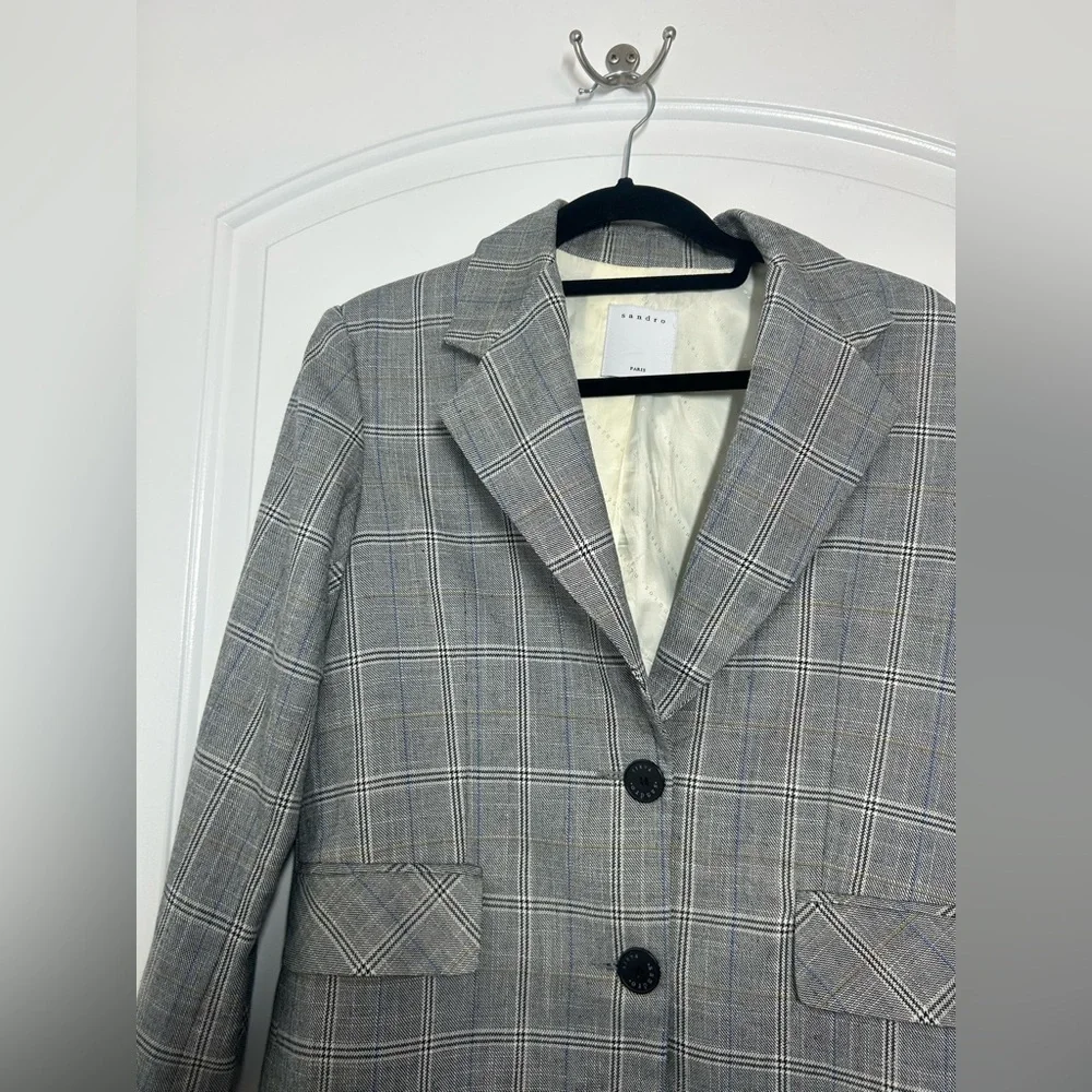 SANDRO Reynald Two-Button Plaid Blazer Gray Size 36 Preppy Academia Minimalist - Picture 7 of 15